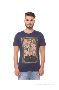 Shuffle Navy Round Neck Printed T-Shirt